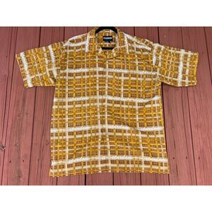 STARDOM Highflyer Shirt Mens Gold Brown Waffle Plaid Script Button Up Top